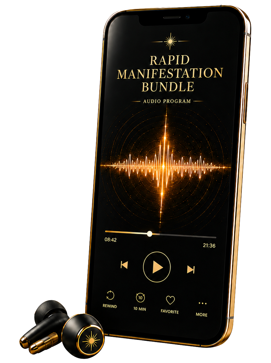 Rapid Manifestation Bundle audio player on phone with gold earbuds