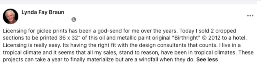 Post from Lynda: licensing is really easy, sold 2 metallic prints of her original to a hotel